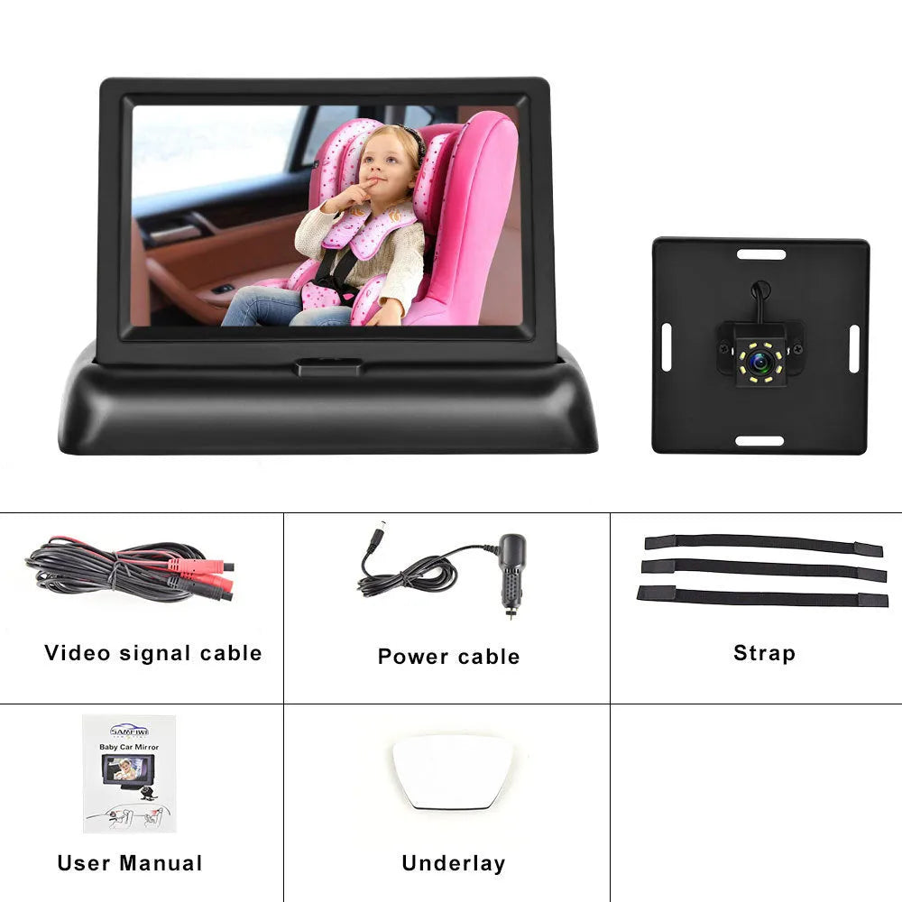 Black car baby monitor with 4.3-inch folding screen, 6-metre camera cable, and cigarette lighter power cord