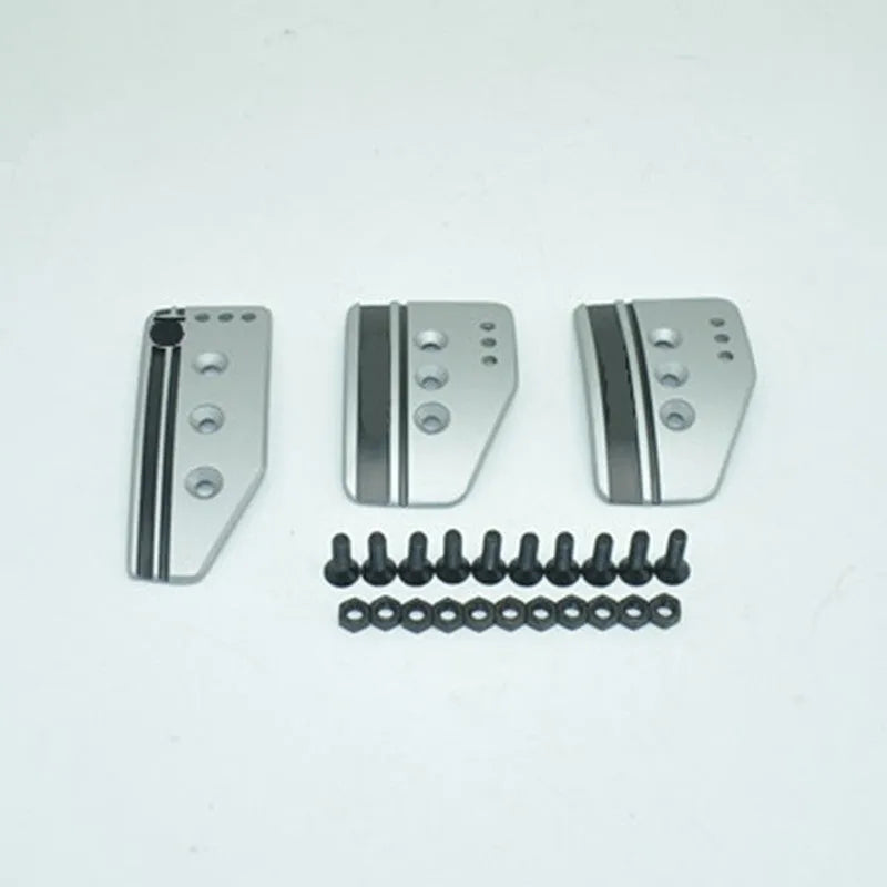 Set of three aluminium alloy car pedals for brake, accelerator, and clutch with screws and nuts.