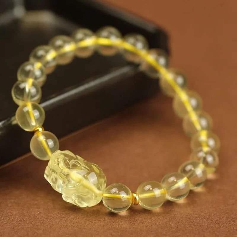 Yellow leather Citrine Pi Xiu bracelet with artificial crystal beads in national style design
