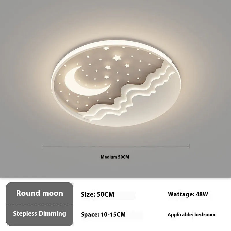 Moon-shaped romantic ceiling light for bedroom with wrought iron frame and acrylic panels