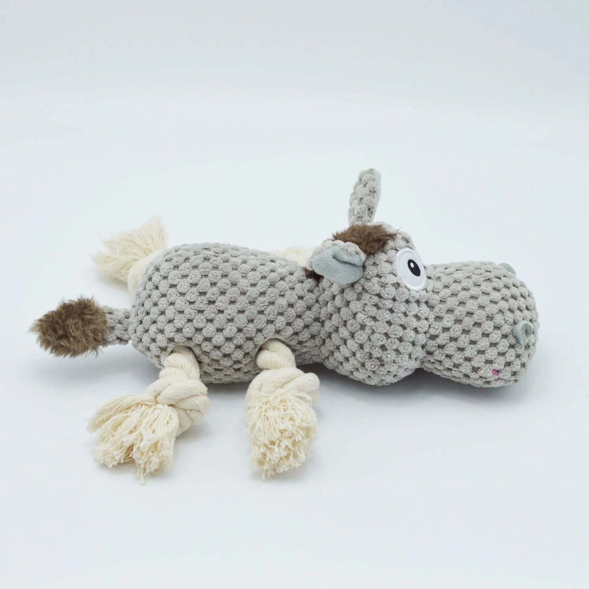 Gray donkey plush dog toy with creak sound, measuring 27 cm long