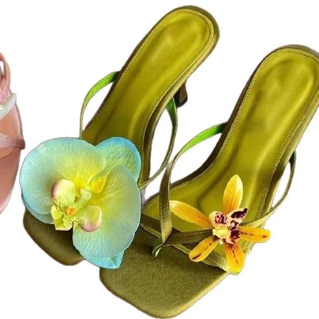Handmade women's asymmetric flower high-heel sandals in calf leather with a square toe