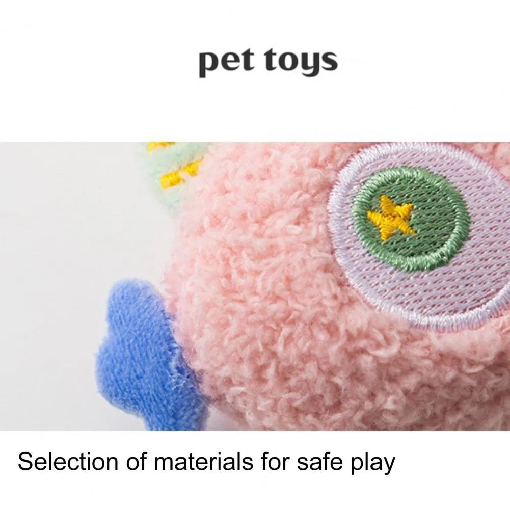Cartoon plush dog chew toy with squeaker in grey green pink white or yellow colours