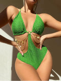 Women's black bikini with chain detail, sleeveless two-piece swimsuit