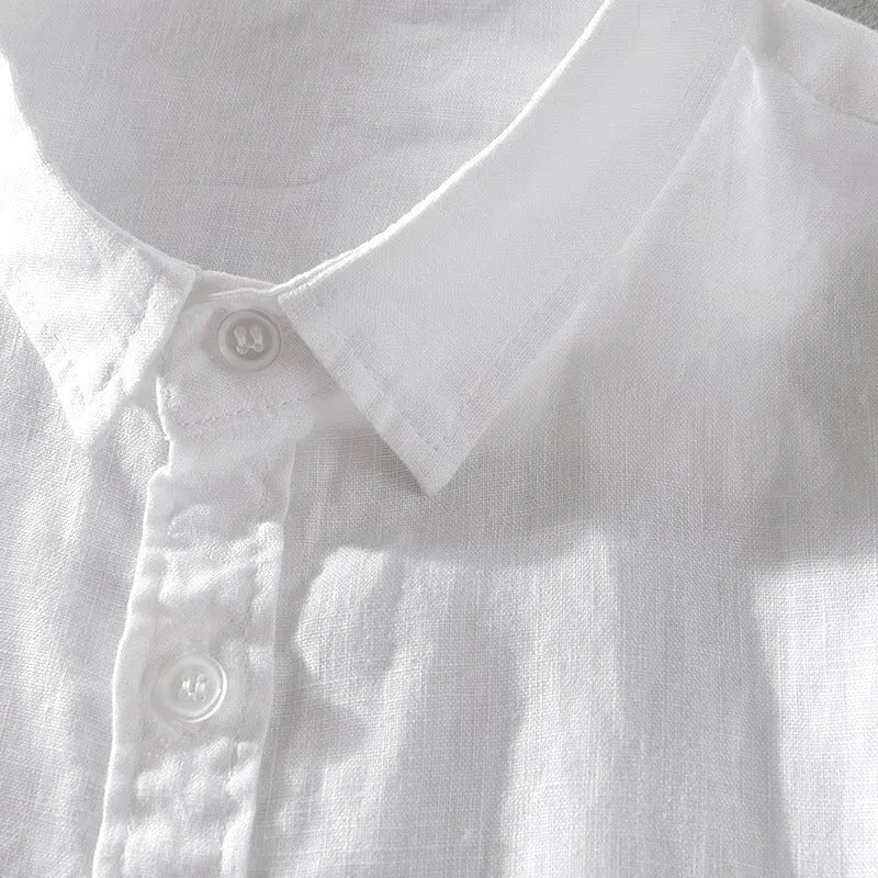 Men's short sleeve loose fit linen shirt in a cotton blend fabric, shown in a solid colour.