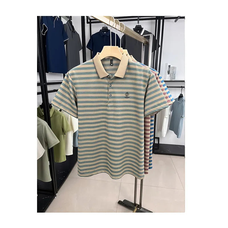 A man wearing a blue mosaic striped short sleeve polyester t-shirt, showcasing the casual fit.