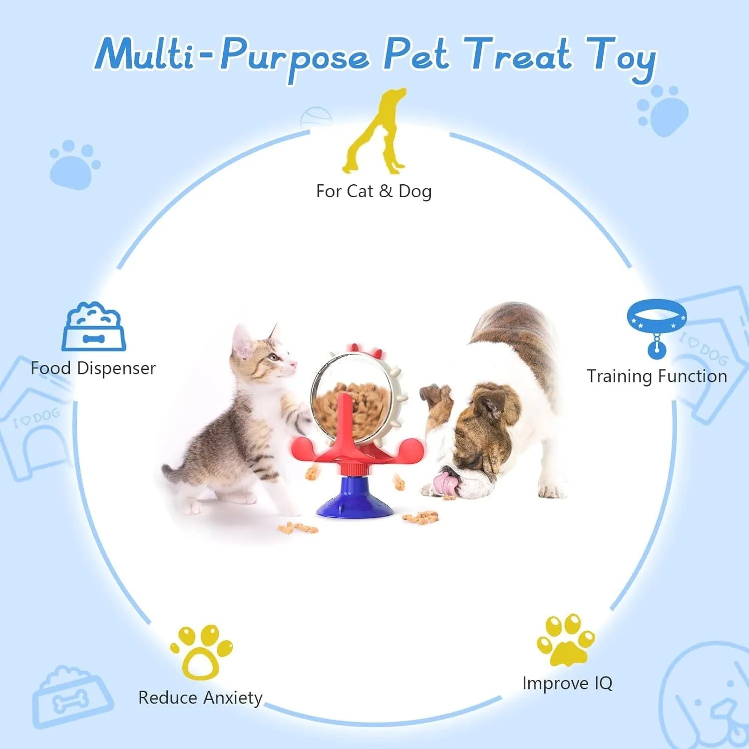 Interactive pet slow feeder toy with spinner design in blue, green, red or yellow colours