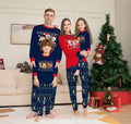 Matching red and black plaid Christmas pyjamas with deer print for men, women, children, and a dog