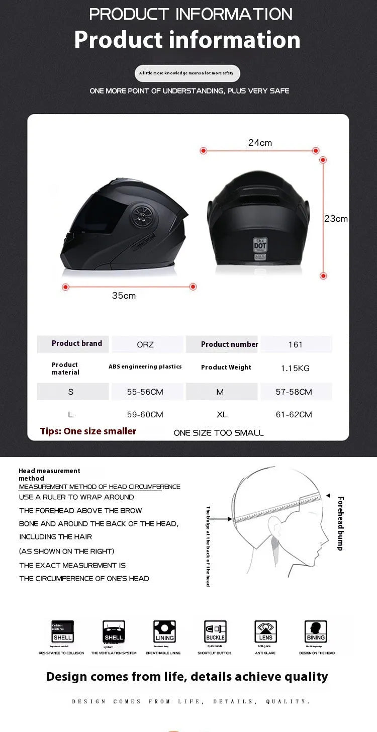 Matte black full face motorcycle helmet with black mirror visor showing ABS construction and multiple sizing options