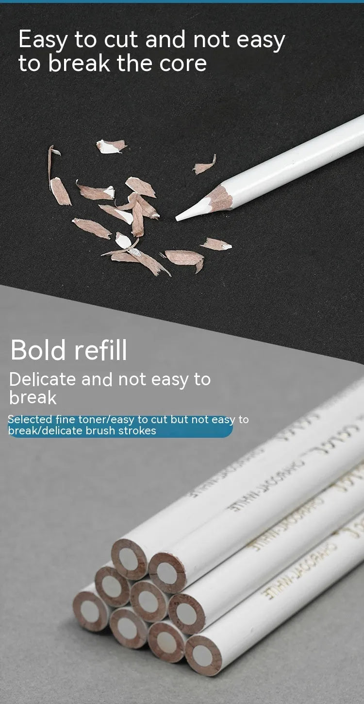 Three white charcoal pencils in wooden barrels for sketching and highlighting on dark papers