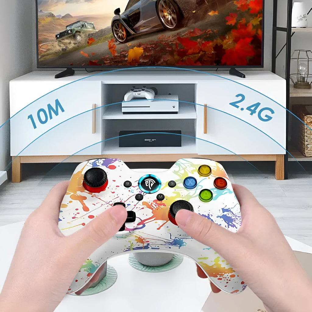 Wireless PC game controller in black, green, red, or white with adjustable vibration and storage bag