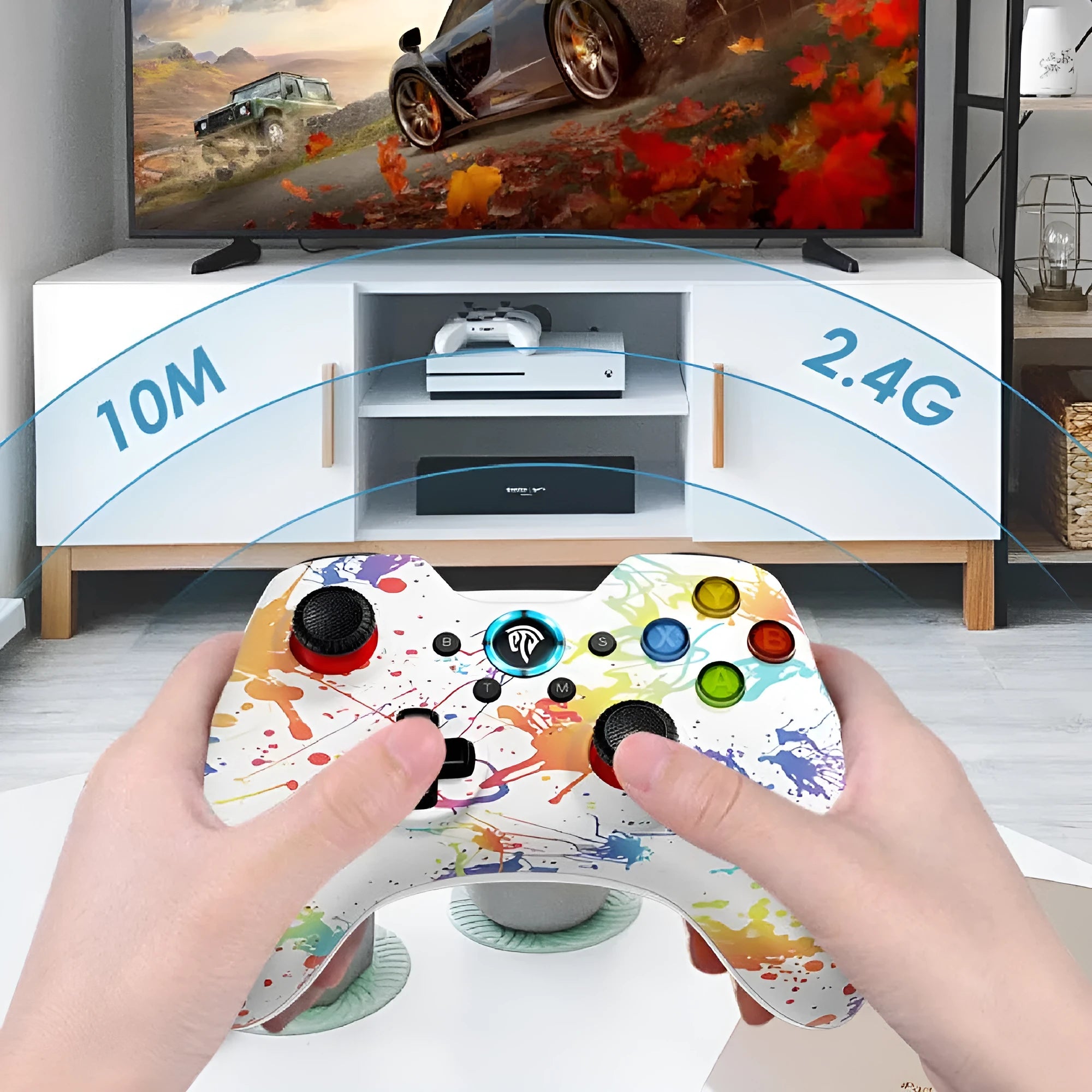 Wireless PC game controller in black, green, red, or white with adjustable vibration and storage bag