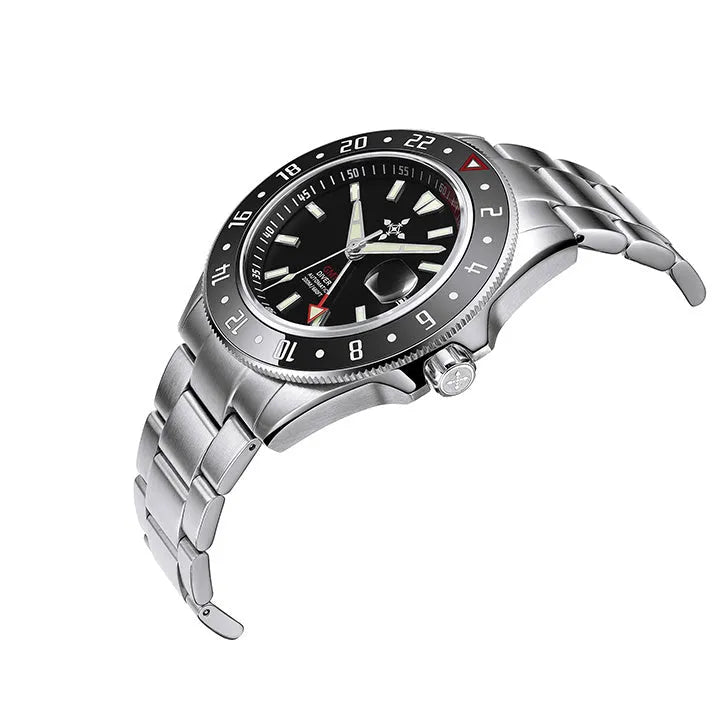 Men's GMT automatic diving watch, 42mm stainless steel case, black dial, 20ATM waterproof, sapphire glass, luminous hands