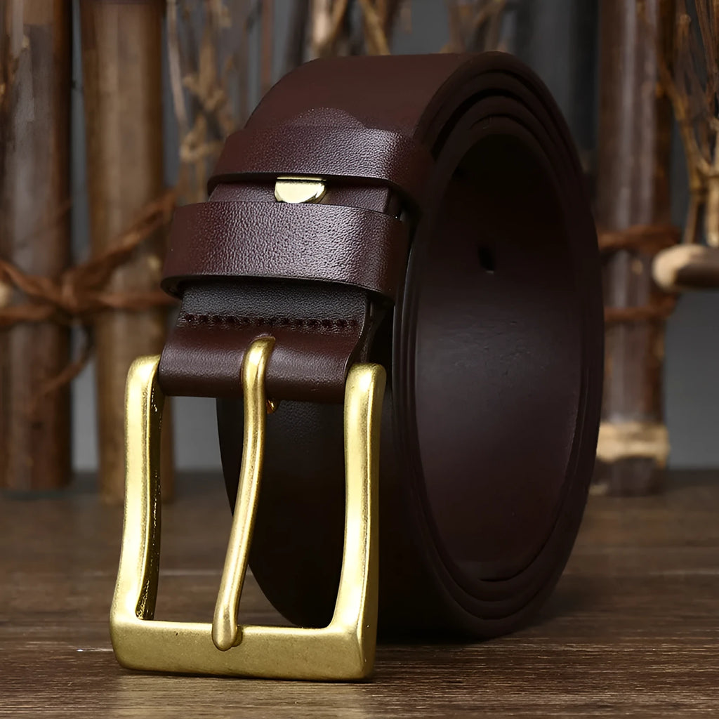 Men's genuine leather pin buckle belt in brown with copper buckle on white background