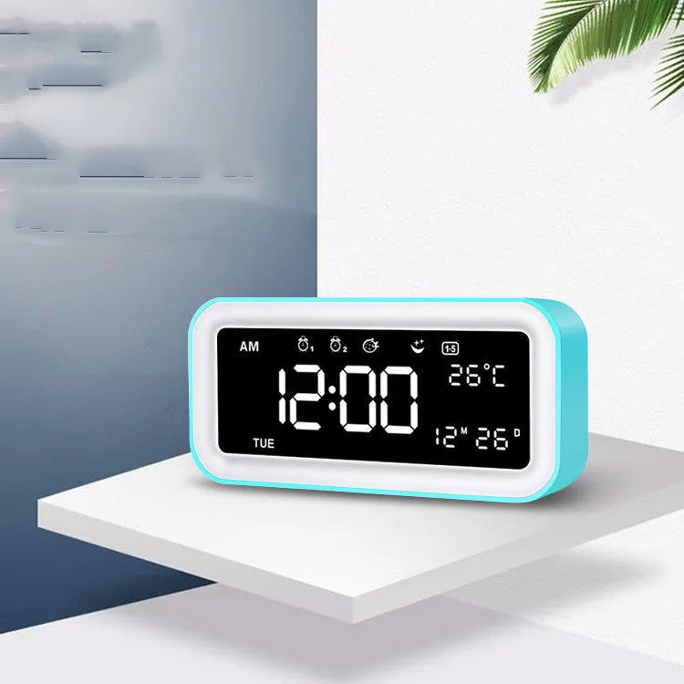 Rectangular blue LED atmosphere light alarm clock with digital display measuring 190x91x53mm