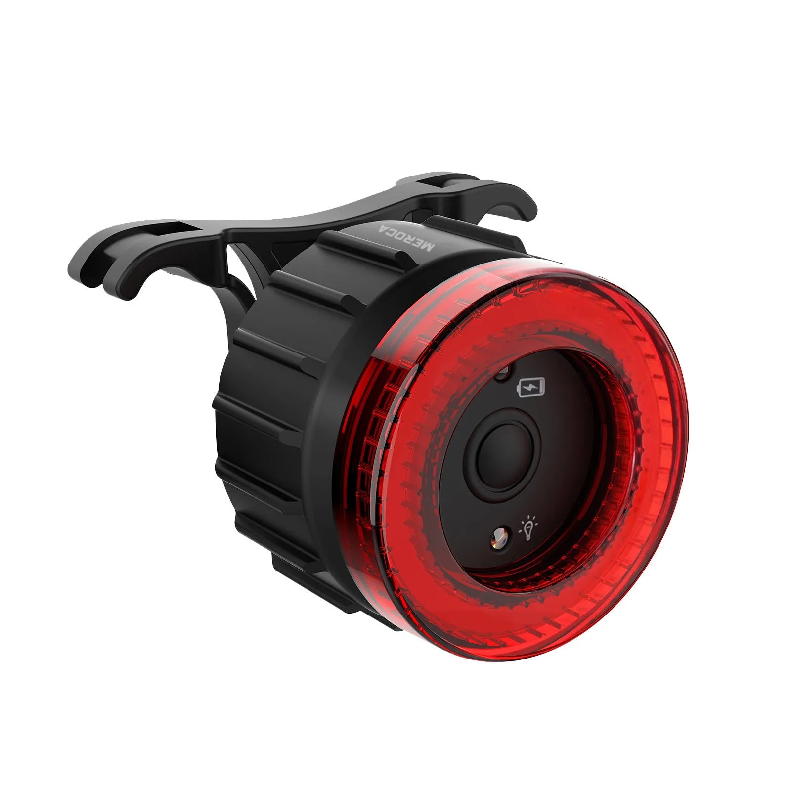 Black aluminium alloy bicycle induction brake taillight with seat tube mounting bracket.