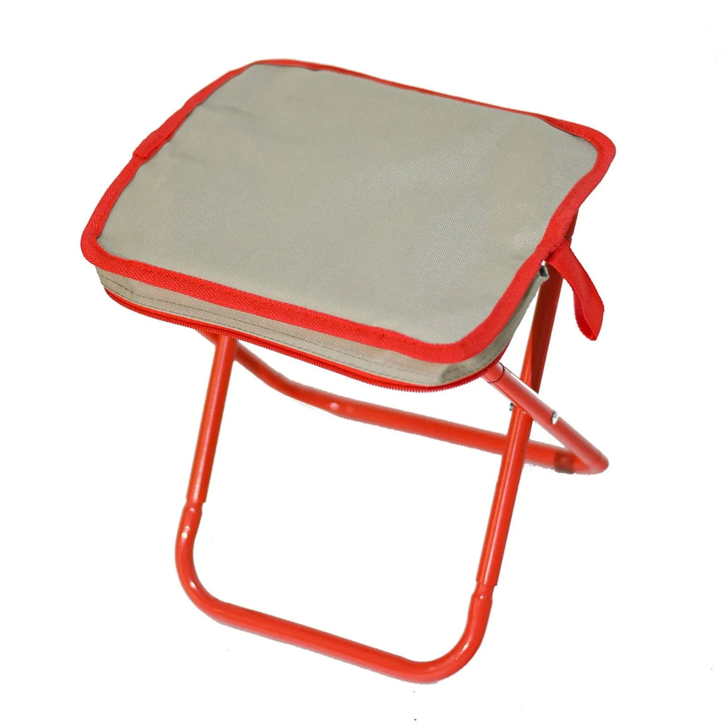 Lightweight foldable camp stool in khaki with an attached crossbody bag, shown in a compact, portable form.