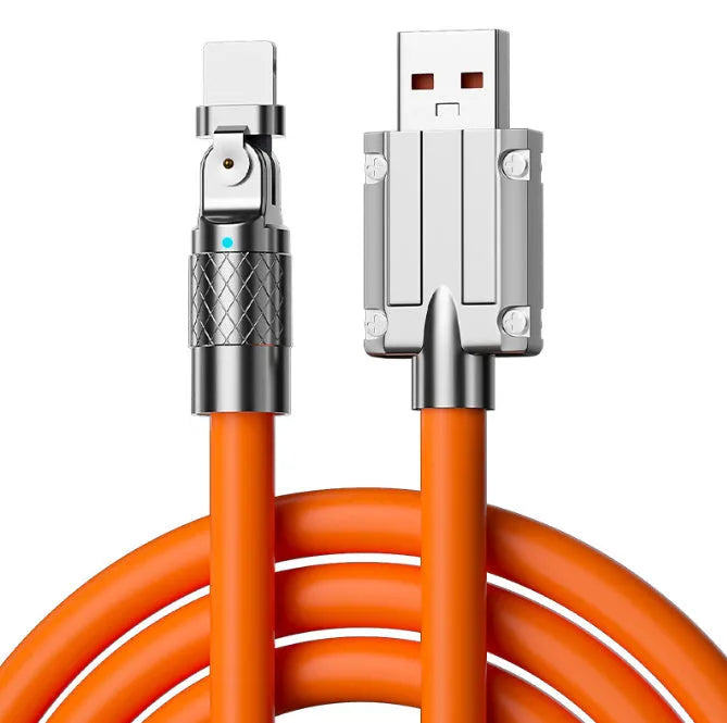 Orange rotating elbow charging cable with zinc alloy head for Lightning, Micro USB, and Type-C devices