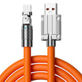 Orange rotating elbow charging cable with zinc alloy head for Lightning, Micro USB, and Type-C devices