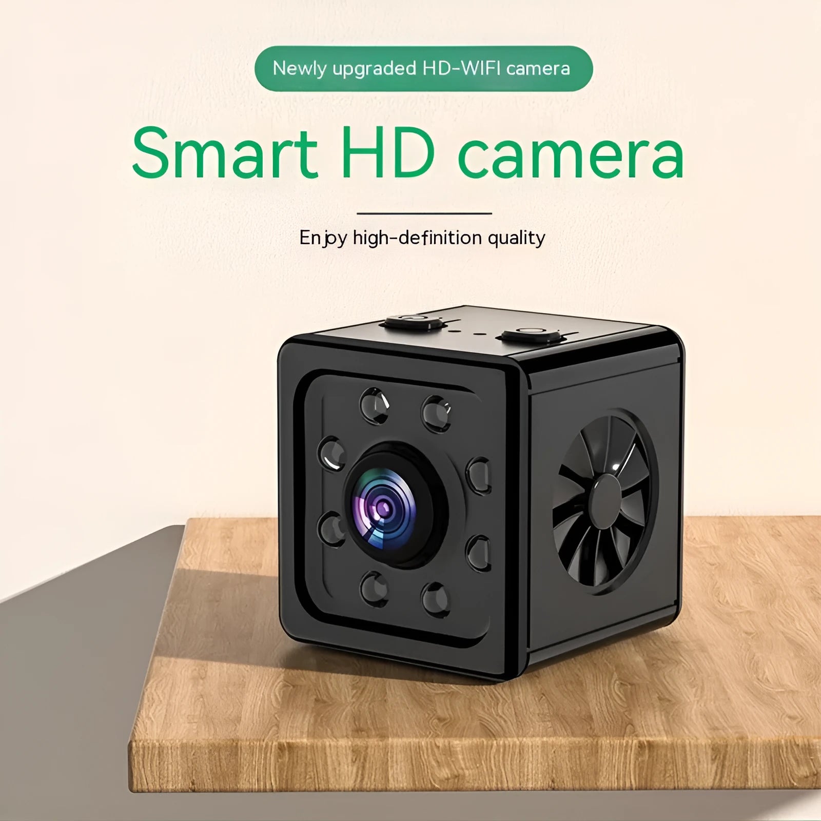 Black cubic K13 remote network sports camera with mounting bracket on a white background