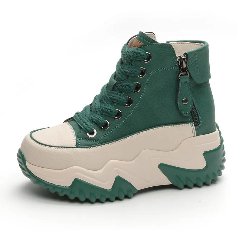 Women's 7cm height increasing leather platform shoes front lace-up round toe sizes 33-40