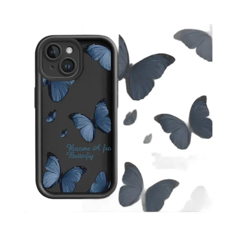 Blue butterfly printed edge drop-resistant TPU phone case for Apple iPhone in black
