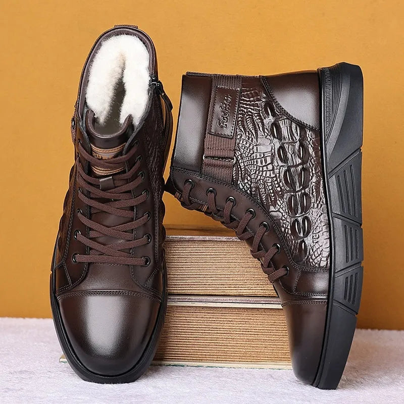 Men's black genuine leather winter boots with fur lining and lace-up front