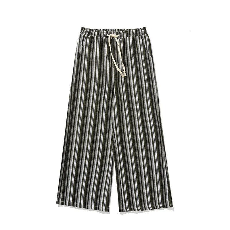Man wearing vintage stripe loose straight leg cotton blend mopping pants in khaki colour.