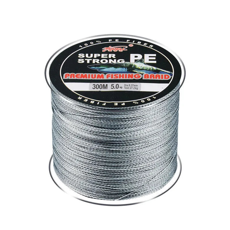 Spool of Dali Mayu 300 metre PE fishing line showing multiple colour options against a tackle background.
