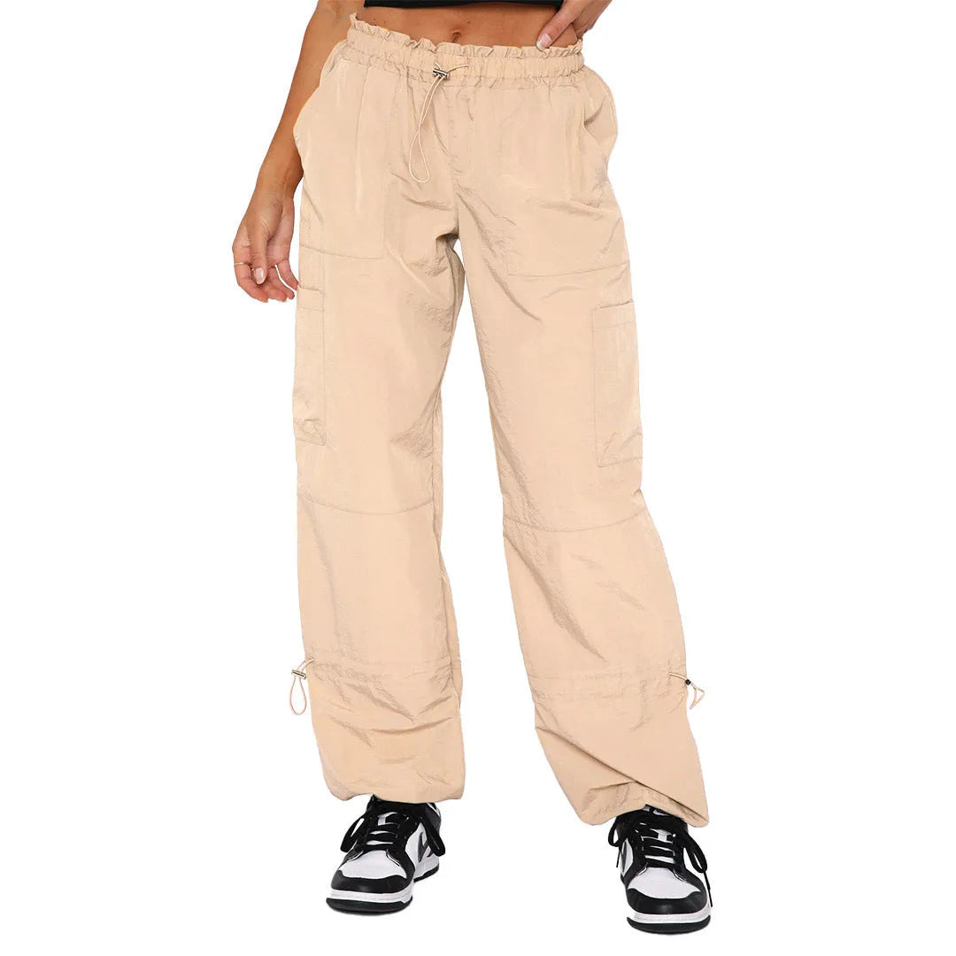 Men's multi-pocket straight-leg cargo casual trousers on a hanger, shown in a khaki colour.