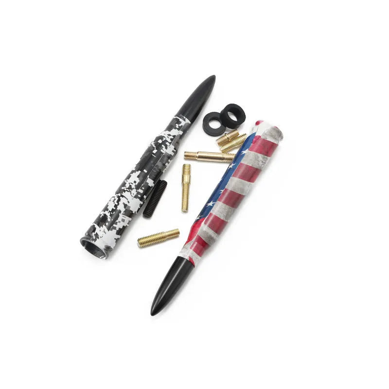Universal 14cm car antenna shown in colour black, camouflage green, and American flag designs