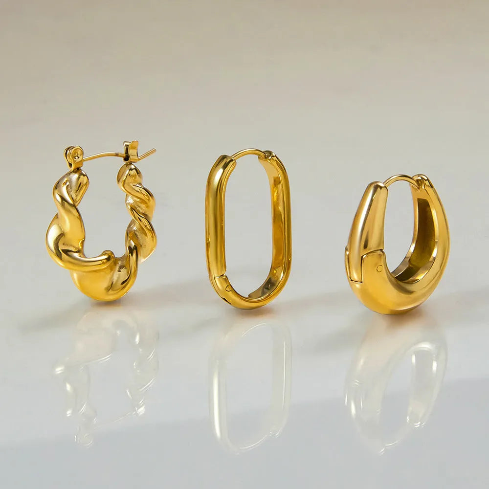 18K gold titanium steel clip-on earrings, geometric ellipse shape, light luxury design, stainless steel with electroplated finish