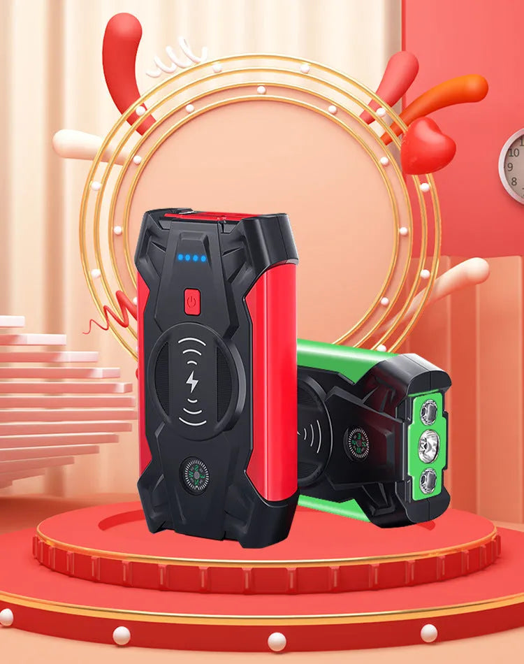 Red portable car battery jump starter power bank with digital display and jumper cables