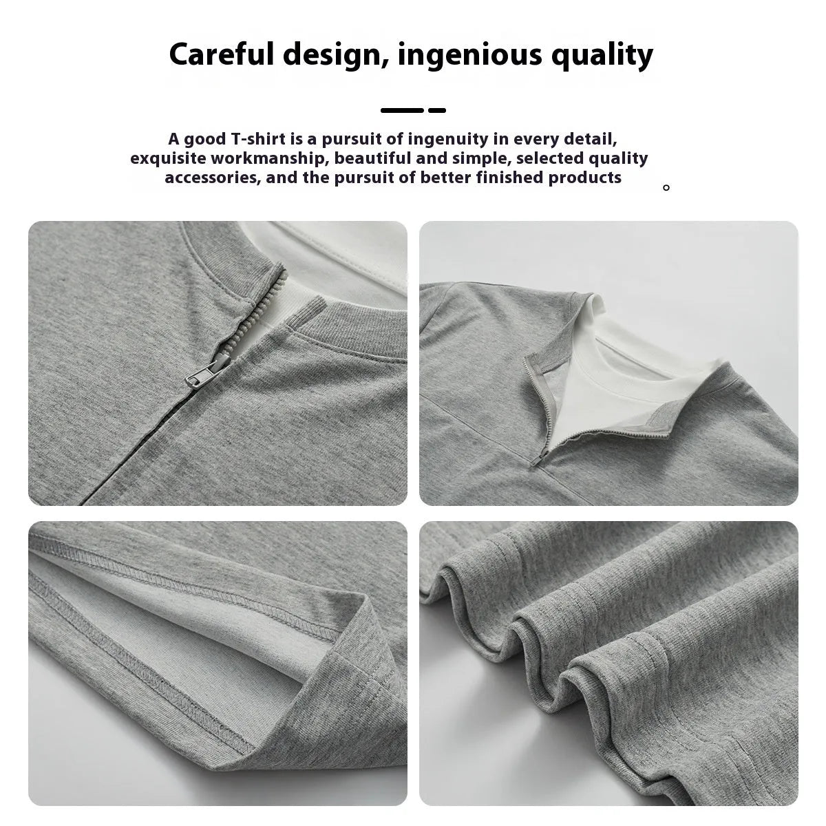 A loose blue cotton blend pullover top with a false zip and patchwork collage stitching detail.