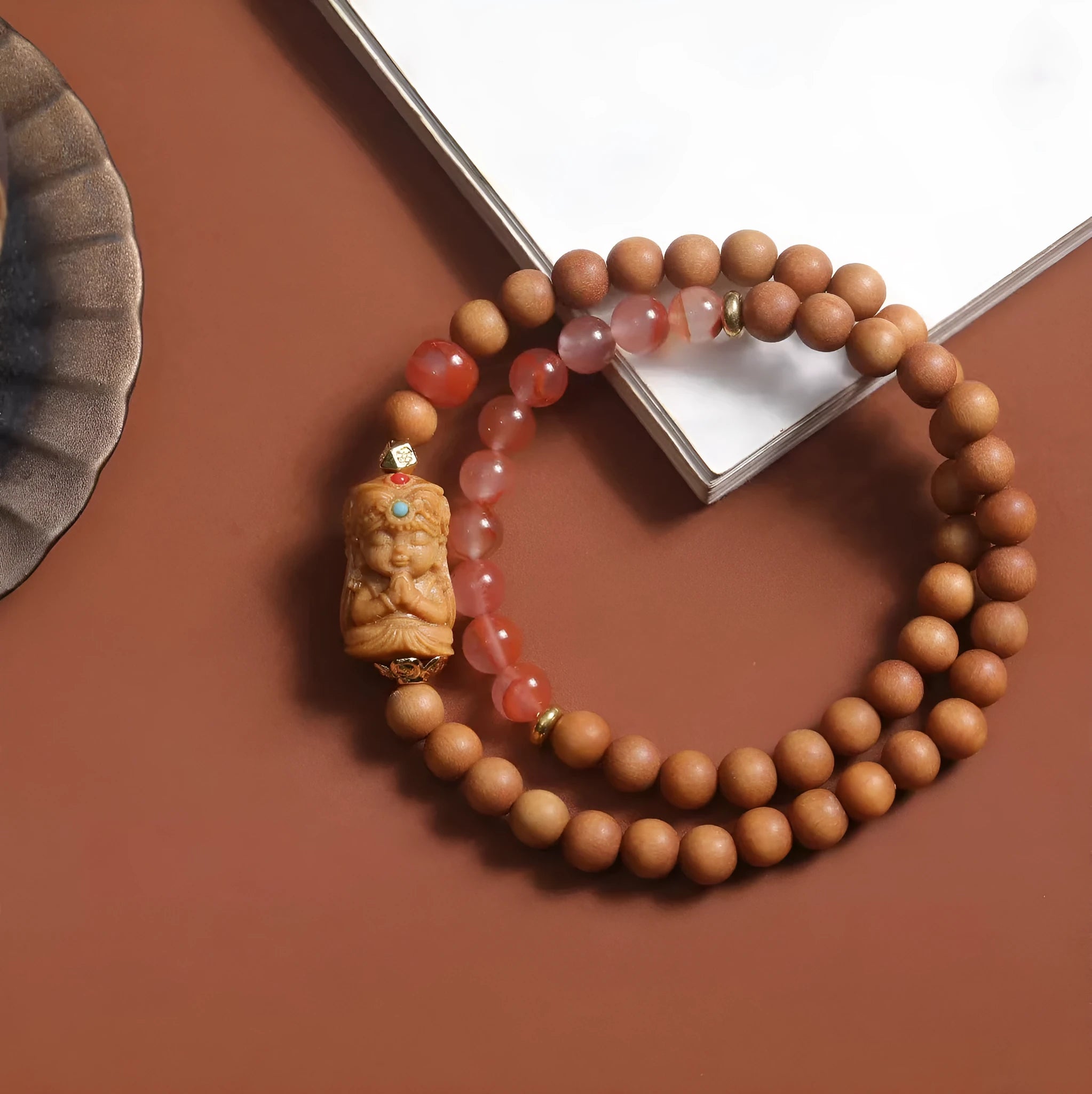 Brown sandalwood bracelet with South Red Zachilam patterns and 6mm round wooden beads