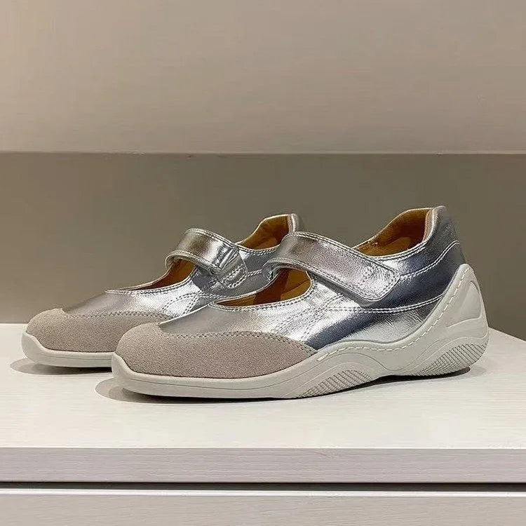Women's suede leather ballet wedge pumps with Velcro closure, silver colour, round toe