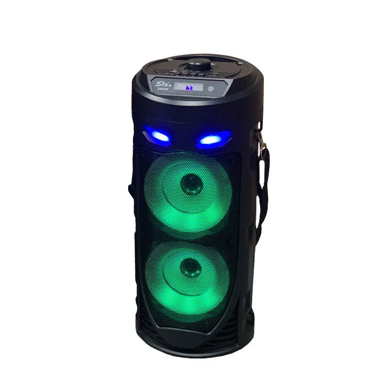 Black portable Bluetooth speaker with colourful dual horns, showing front panel with controls.
