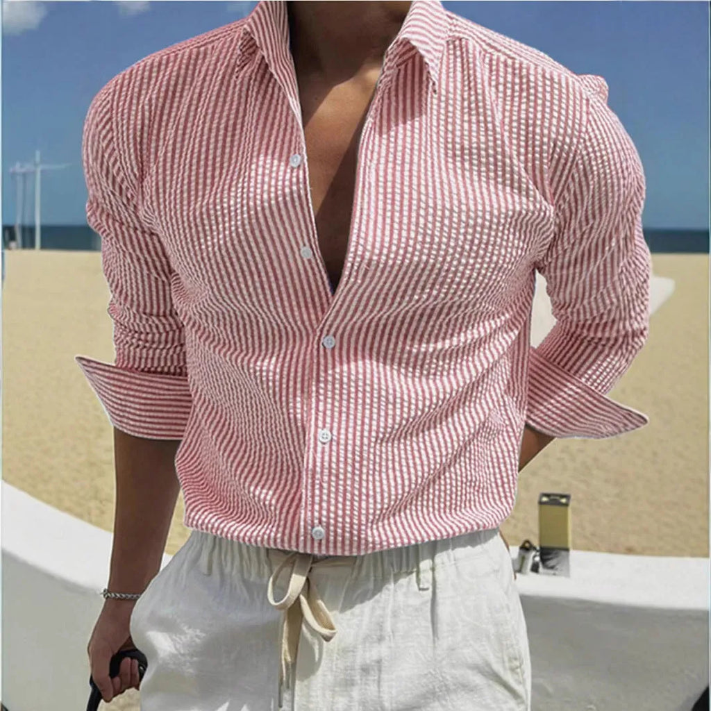 Striped long sleeve shirt with cardigan lapel in polyester fabric showing colour options