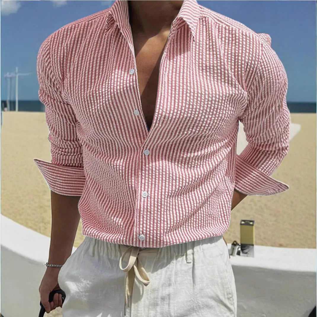 Striped long sleeve shirt with cardigan lapel in polyester fabric showing colour options
