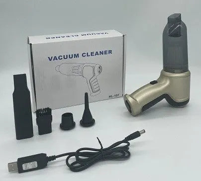 Handheld car vacuum cleaner in gold or silver style with wireless charging capability and pet hair attachment