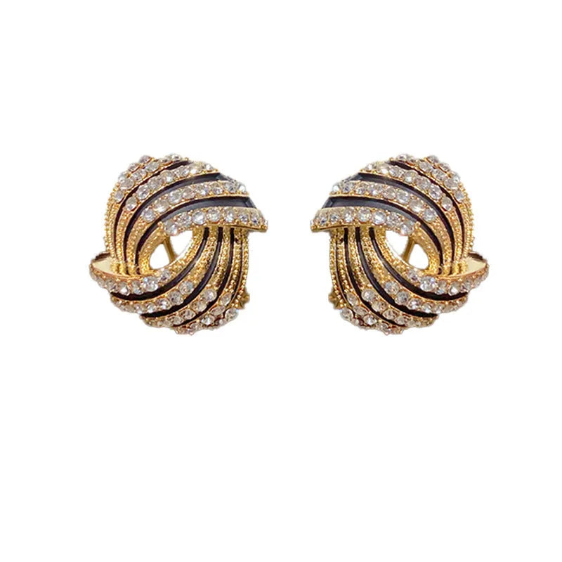 Super-flashing rhinestone ear studs with geometric ring shape and real gold plating on copper