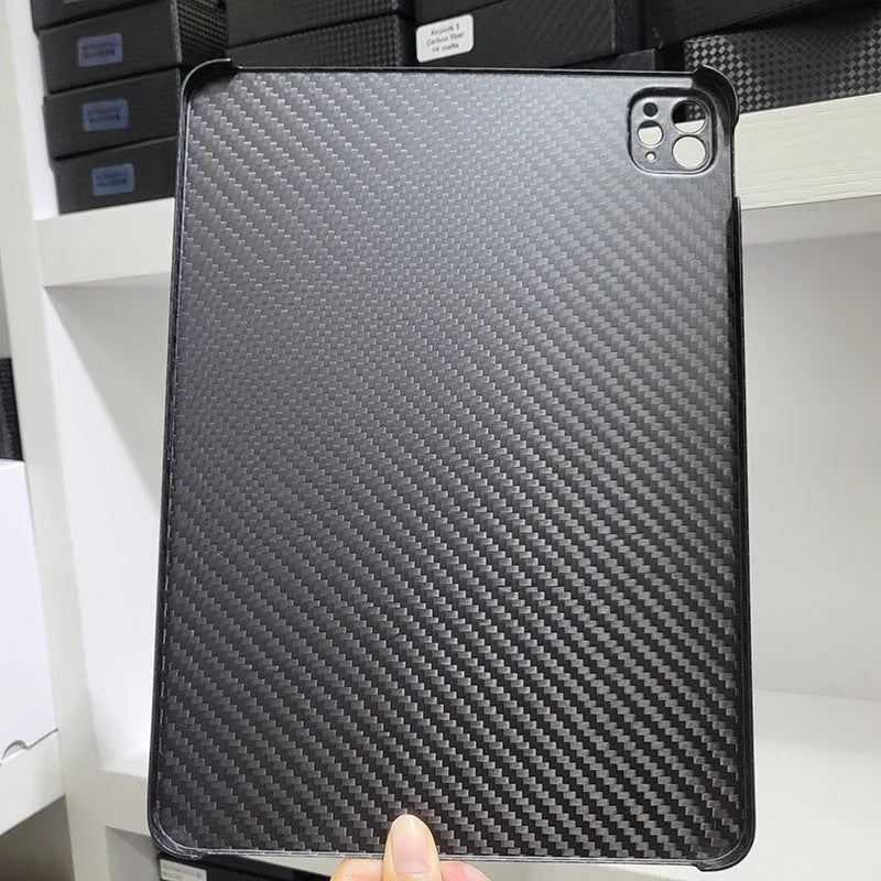 Carbon fibre iPad Pro 11 case with embossed plaid pattern in matte 3K finish