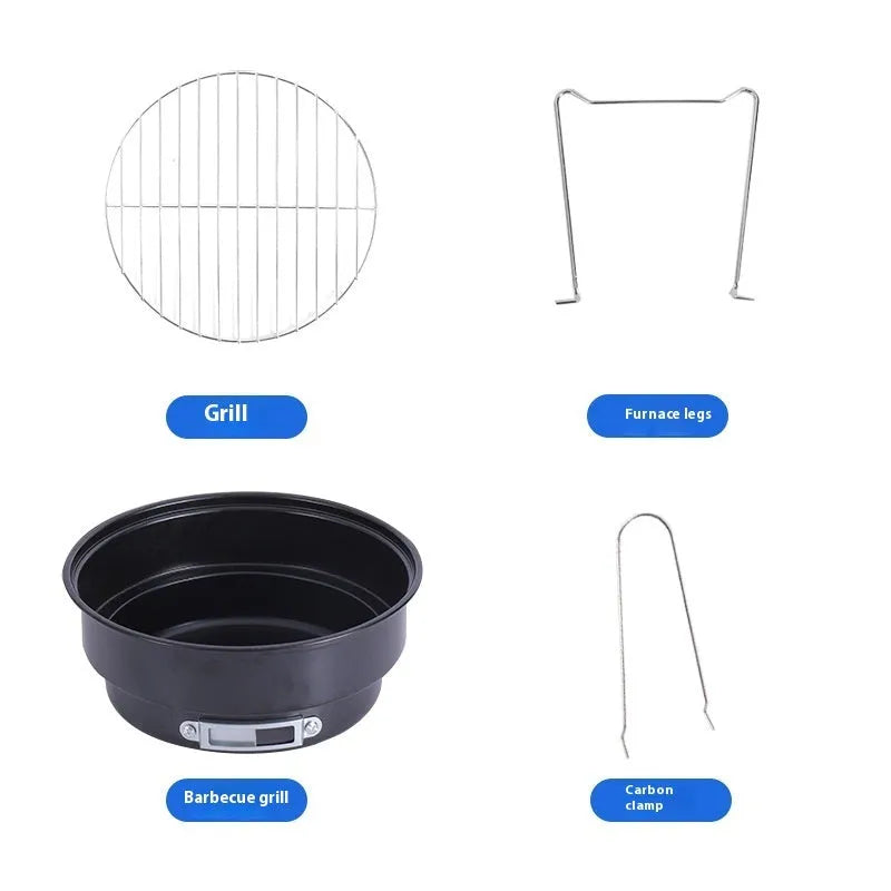 Small folding round metal ice stove with grill mesh, leg, and storage bag for portable barbecues.