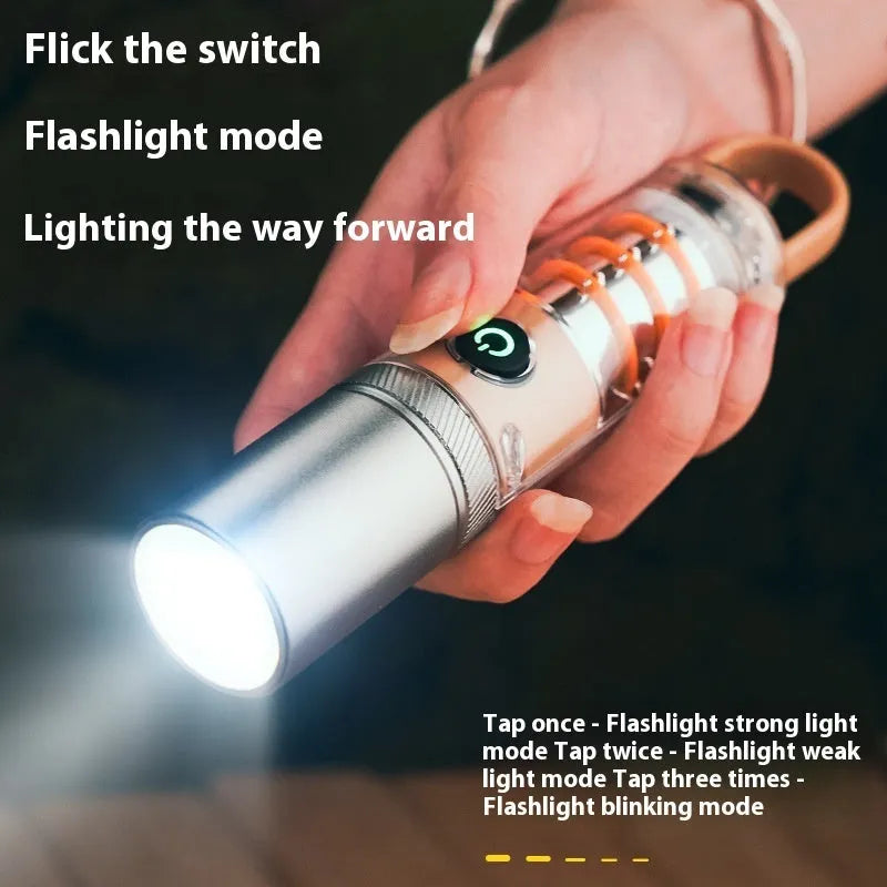 Orange and beige multifunctional flashlight with keychain and optical zoom feature