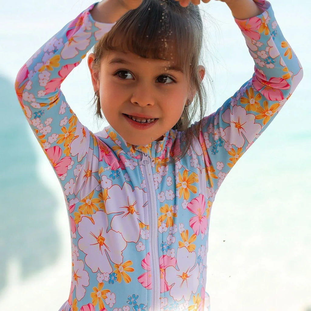 Girls' sky blue one-piece swimsuit with long sleeves and floral print, nylon fabric, sizes 100-140