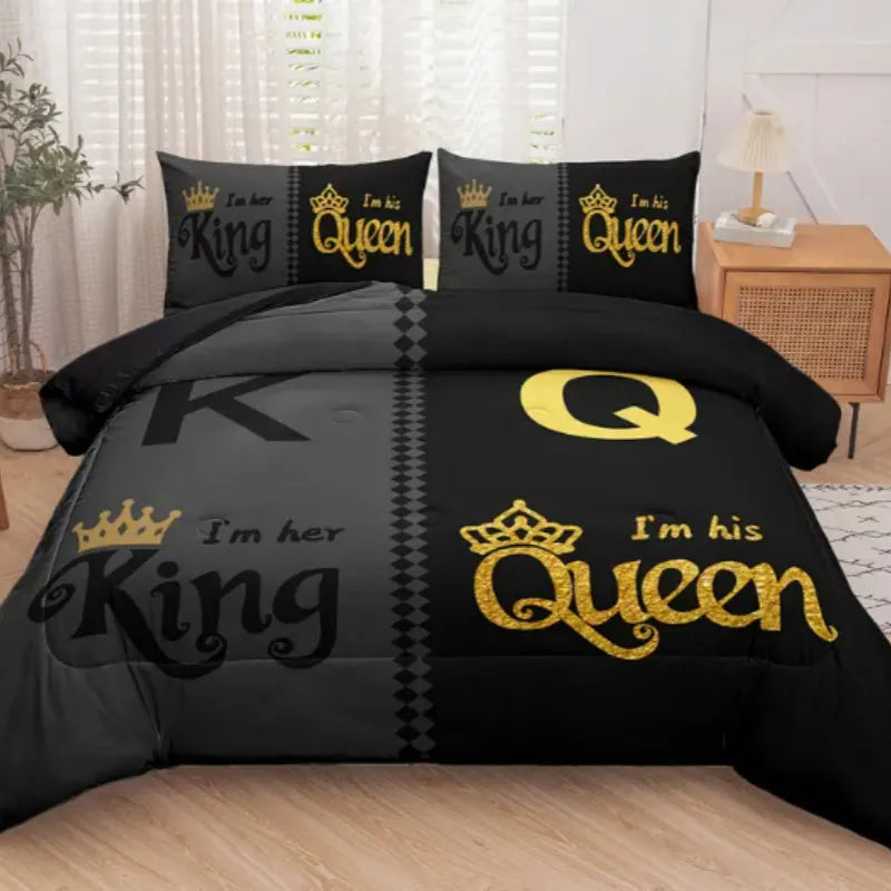 Three piece Crown English digital printed quilt cover set in light gray with pattern, on a bed