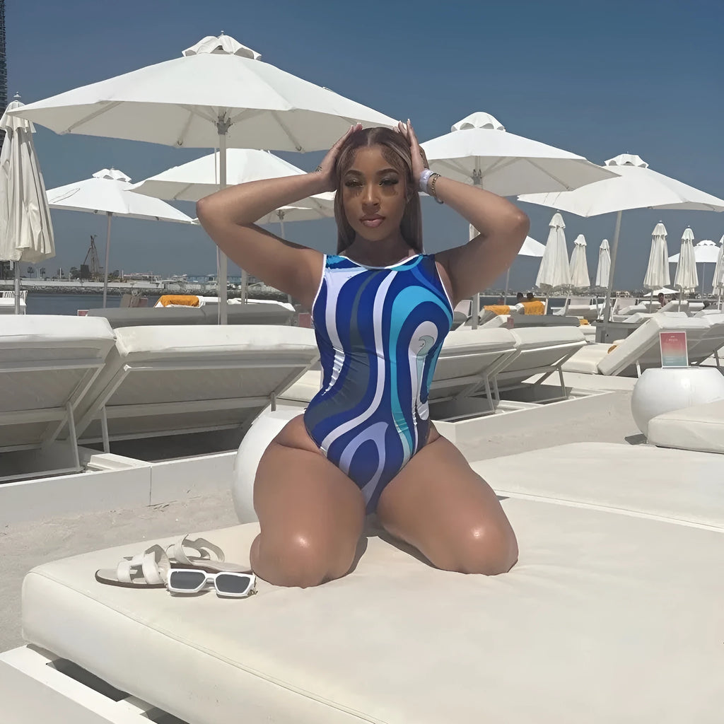 Women's striped polyester bikini swimsuit in blue conjoined square scarf style for swimming