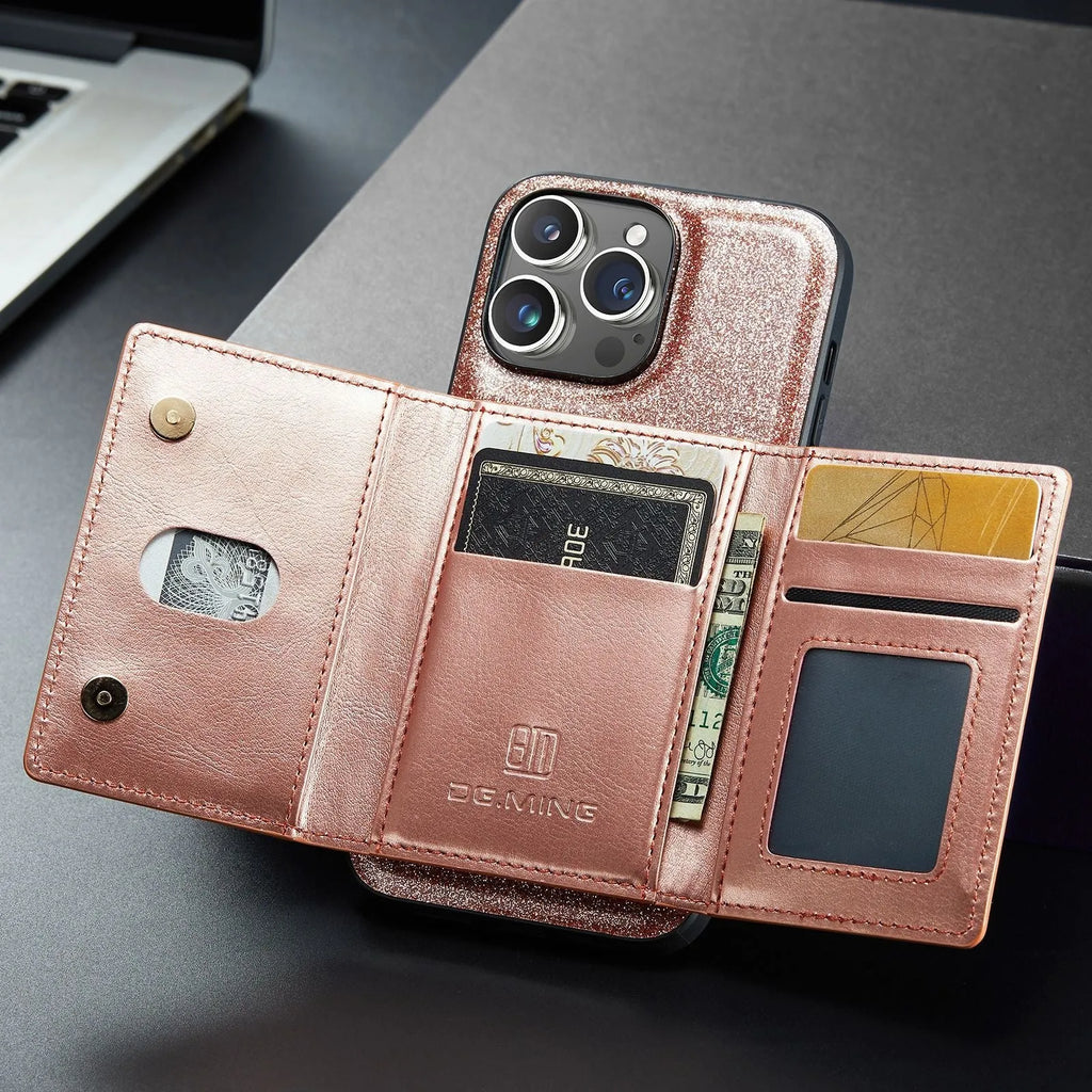 Lambskin leather magnetic card holder phone case for iPhone with bracket and card slot, cool black colour