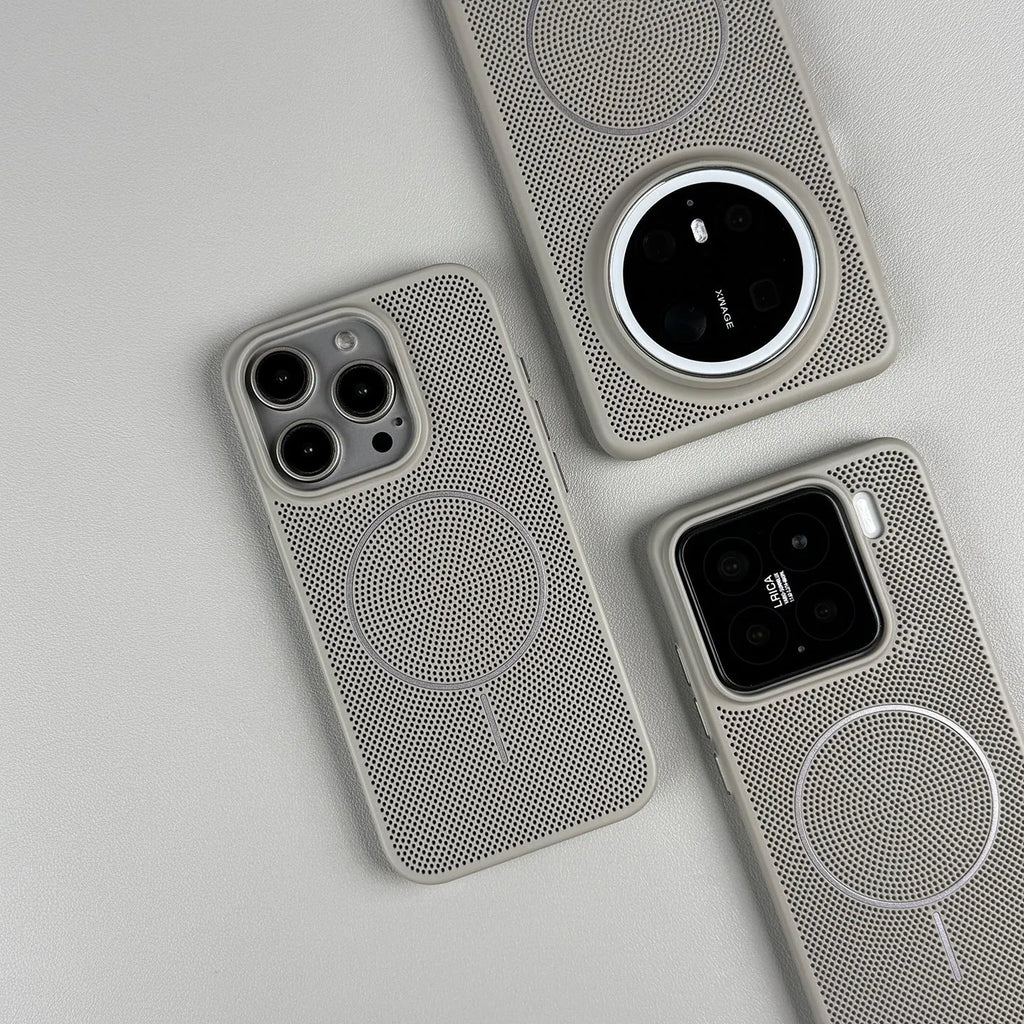 Frosted magnetic hard phone case for IPhone on a table, showing colour options.