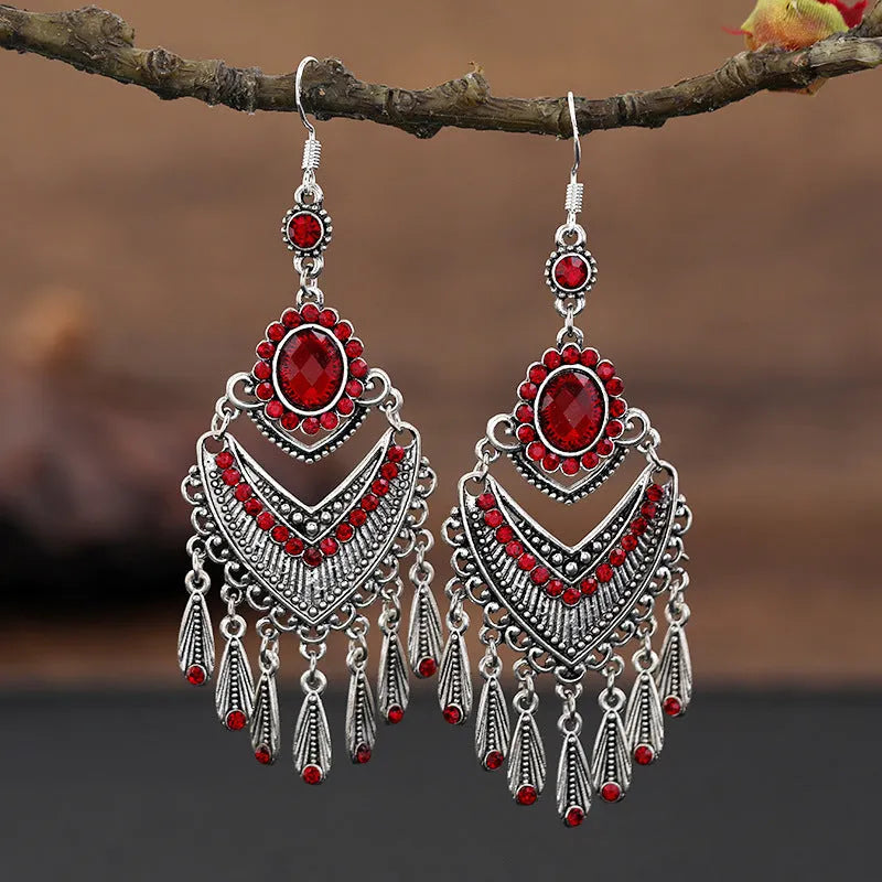 Purple retro fringe drop earrings with ethnic style design and long crystal detailing
